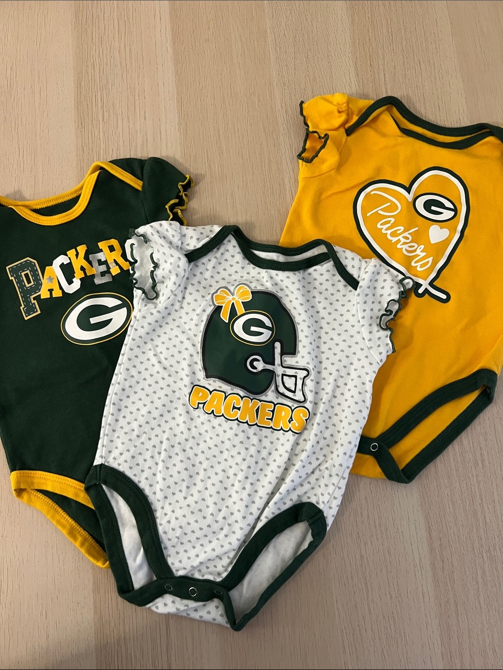 Set of 3 Green Bay Packers Onsies, Baby One-Piece Bodysuit Yellow, Green, White